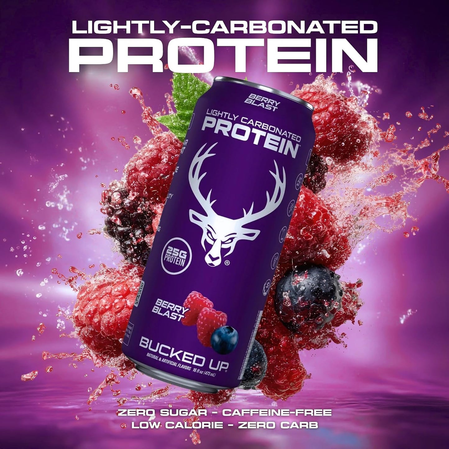 Bucked Up Lightly Carbonated Protein Soda | 25g Whey Isolate - Zero Sugar, Low Calorie, Caffeine Free, Clean Drink | Sparkling Protein Soda - 12 Pack, 16 oz Cans (Berry Blast)