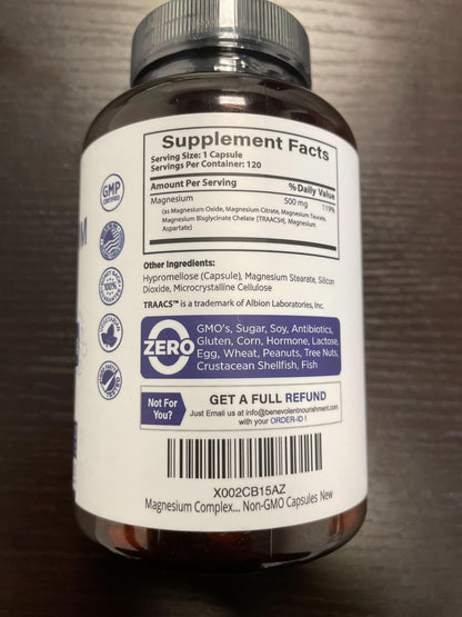 Premium Magnesium Capsules 500mg, High Absorption Formula Chelated Buffered Citrate to Support Digestion, Bone, Sleep & Muscle Health Benevolent Nourishment