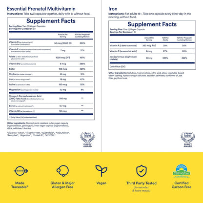 Ritual Iron Pregnancy Support Duo New Gentle, Pregnancy-Safe‡‡ Iron BioSeries Essential Prenatal Multivitamins to Support Pregnancy Nutrient Demands*, 30 Days Supply