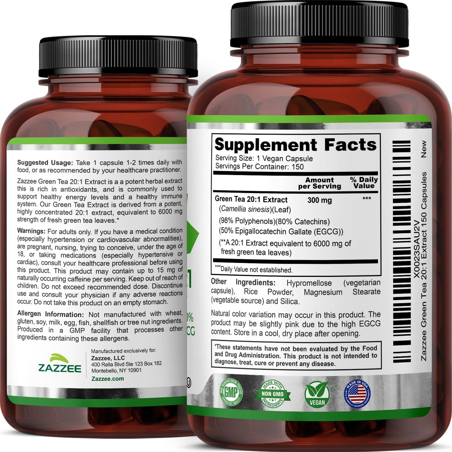 Zazzee Extra Strength Green Tea 20:1 Extract, 50% EGCG, 98% Polyphenols, 80% Catechins, 150 Vegan Capsules, 5 Month Supply, Certified Kosher Zazzee