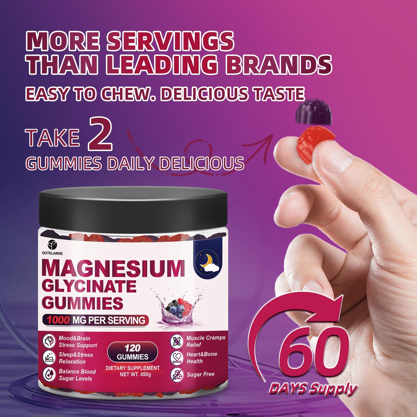 120 CT Magnesium Glycinate Gummies 1000 mg for Women and Men, Magnesium Malate & Taurate Supplements for Sleep, Body Support and Relaxation, Sugar Free OUTELANDE