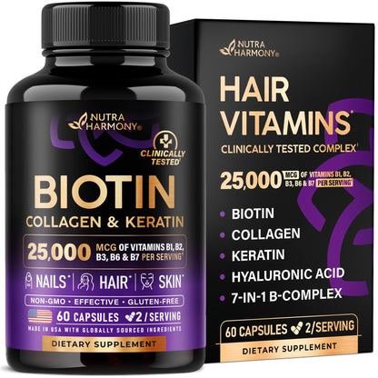 NUTRAHARMONY Biotin | Collagen | Hyaluronic Acid | Keratin - Support Normal Hair Growth Cycle - Skin & Nails - 25000mcg Vitamins B1, B2, B3, B6 & B7 NUTRAHARMONY