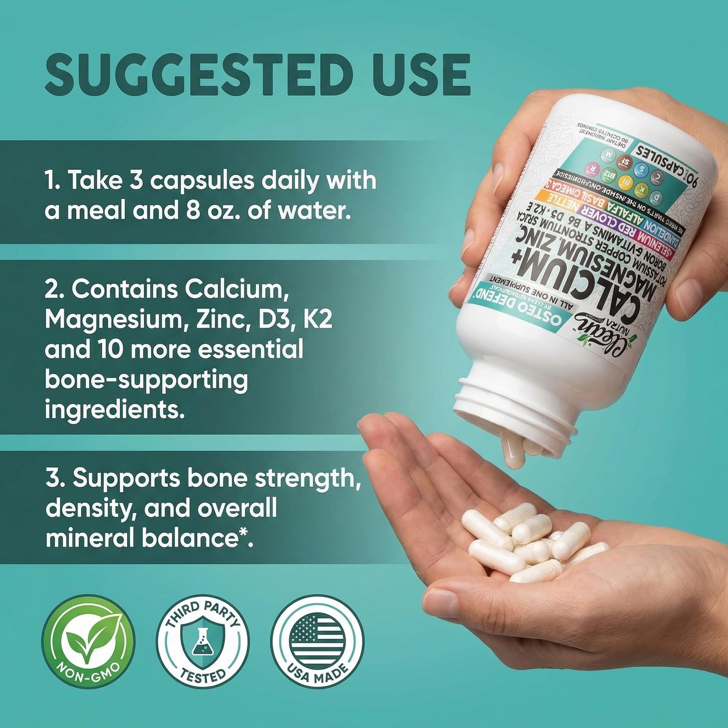 Allin1 Calcium Magnesium Zinc Supplement with Potassium, Copper, Strontium, Silica, Vitamin D3 K2, Boron, Vitamin B1 B12 Red Clover Herb Alfalfa Basil Pills for Men Clean Nutraceuticals