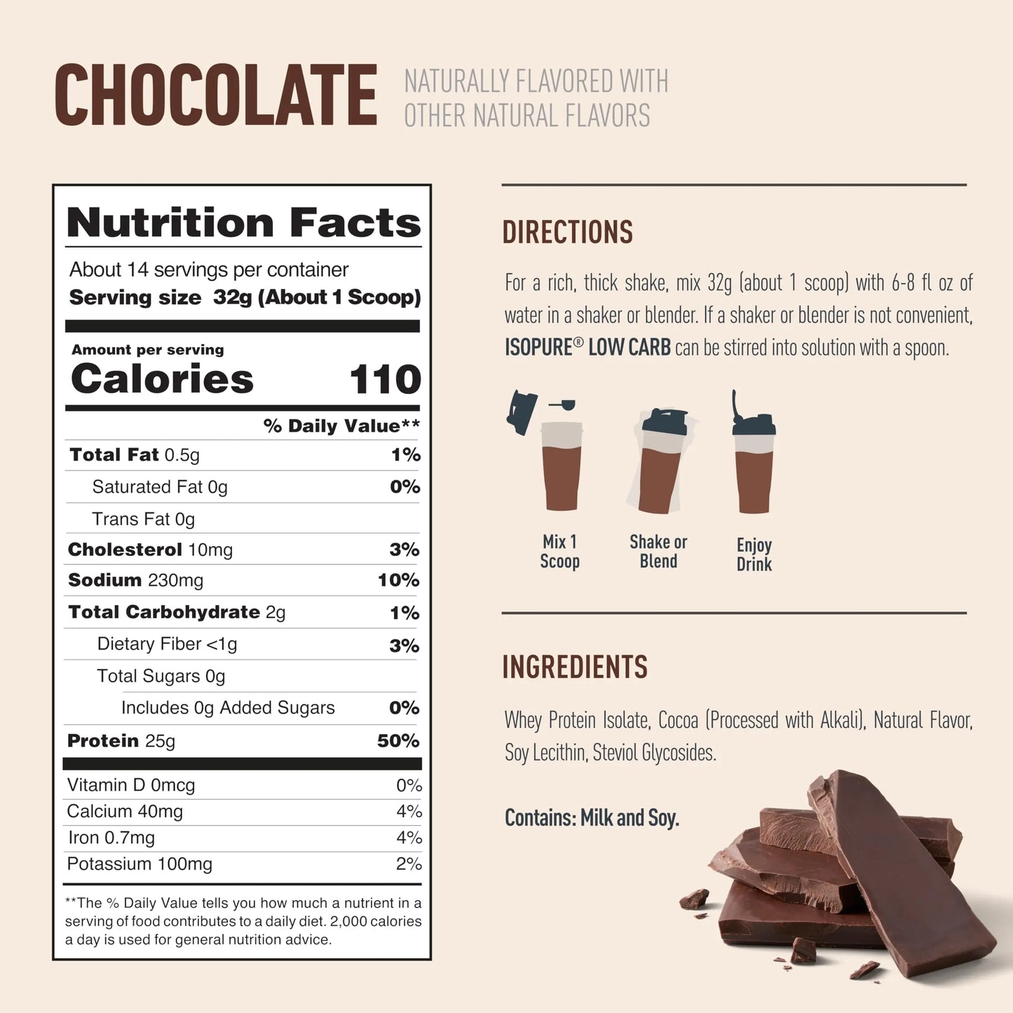 Isopure Low Carb 100% Pure Whey Isolate Protein Powder, Lactose Free, Gluten Free, With Vitamins, Dark Chocolate, 25g Protein Per Serving, 1 Lb, Isopure