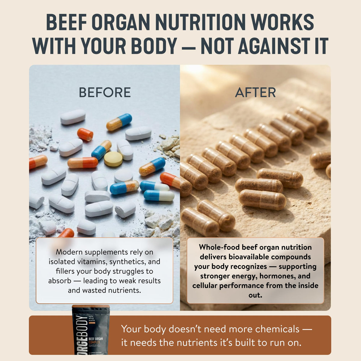 FORGEBODY® Beef Organ Complex Capsules [1 Month] - 100% Grass Fed Beef Organ Supplement with Blend of Liver, Heart, Bone Marrow, Pancreas & Testicles FORGEMEN