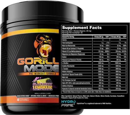 Gorilla Mind Pre Workout (BlackBerry Lemonade) + Creatine (100 Serv.) - Comprehensive Stack for Improved Strength, Power Output, and Muscle Size