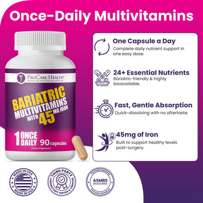 ProCare Health Bariatric Multivitamin 45mg Iron – Once Daily Capsule for Gastric Bypass, Sleeve & Post-Op Support – 90 Easy-to-Swallow Capsules ProCare Health