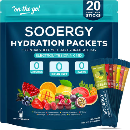 Sooergy Electrolytes Powder Packets Sugar Free Hydration Packets, 7 Flavors Liquid Daily IV Electrolyte Drink Mixes for Rehydration Sooergy