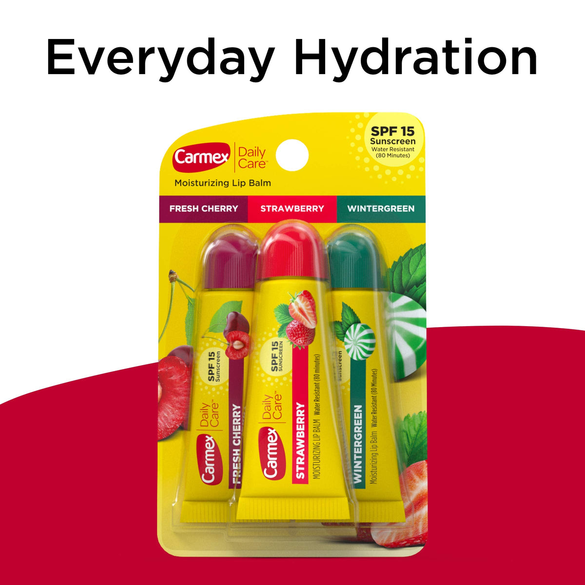 Carmex Daily Care Moisturizing Lip Balm Pack, Lip Balm With Sunscreen in Fresh Cherry, Strawberry and Wintergreen -0.35 Ounce (Pack of 3) Carmex