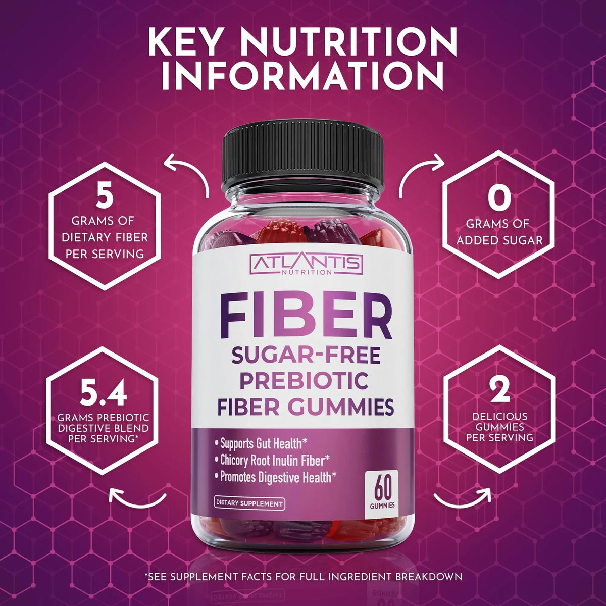 Atlantis Nutrition Sugar Free Fiber Gummies for Adults - 5G Fiber Supplement Formulated with 5.4G Prebiotic Digestive Blend/Serving - Supports Gut Health & Healthy Digestion Atlantis Nutrition
