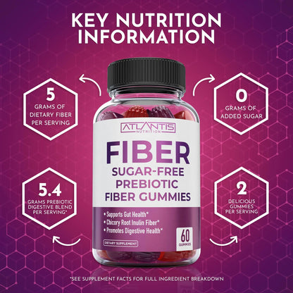 Atlantis Nutrition Sugar Free Fiber Gummies for Adults - 5G Fiber Supplement Formulated with 5.4G Prebiotic Digestive Blend/Serving - Supports Gut Health & Healthy Digestion Atlantis Nutrition