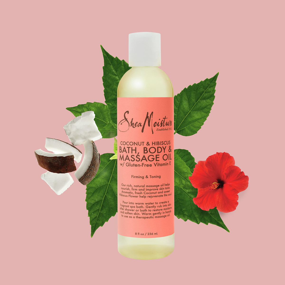 Shea Moisture Coconut & Hibiscus Massage Oil and Body Oil for Dry Skin, Bath Oil with Coconut Oil and Vitamin E Oil for Skin, 8 oz Shea Moisture