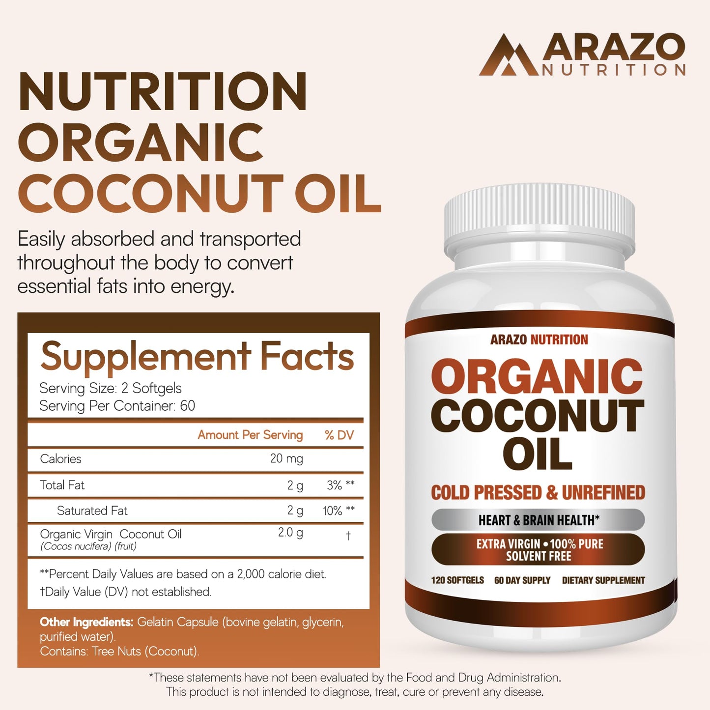 Arazo Nutrition Organic Coconut Oil 2000 MG Per Serving - 100% Extra Virgin Unrefined Cold Pressed for Weight Support, Skin, Hair, Nails - 120 Softgel Capsules Gsupps Australia