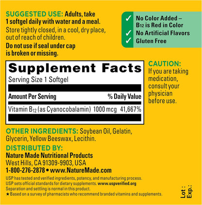 Nature Made Vitamin B12 1000 mcg, Energy Metabolism Support, 150 Softgels | B12 Vitamins 1000 mcg, Energy Metabolism Support Supplement for Women and Men, Gluten Free, 150 Day Supply Gsupps Australia