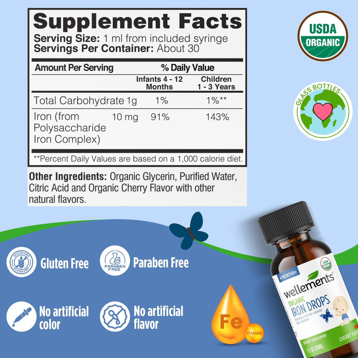 Wellements Organic Iron Drops for Newborn+ Babies (1 Fl Oz) - Cherry Flavor Liquid Iron Supplement for Infants - Toddler Iron Supplement for Kids (4months+ to 3 Years) Wellements