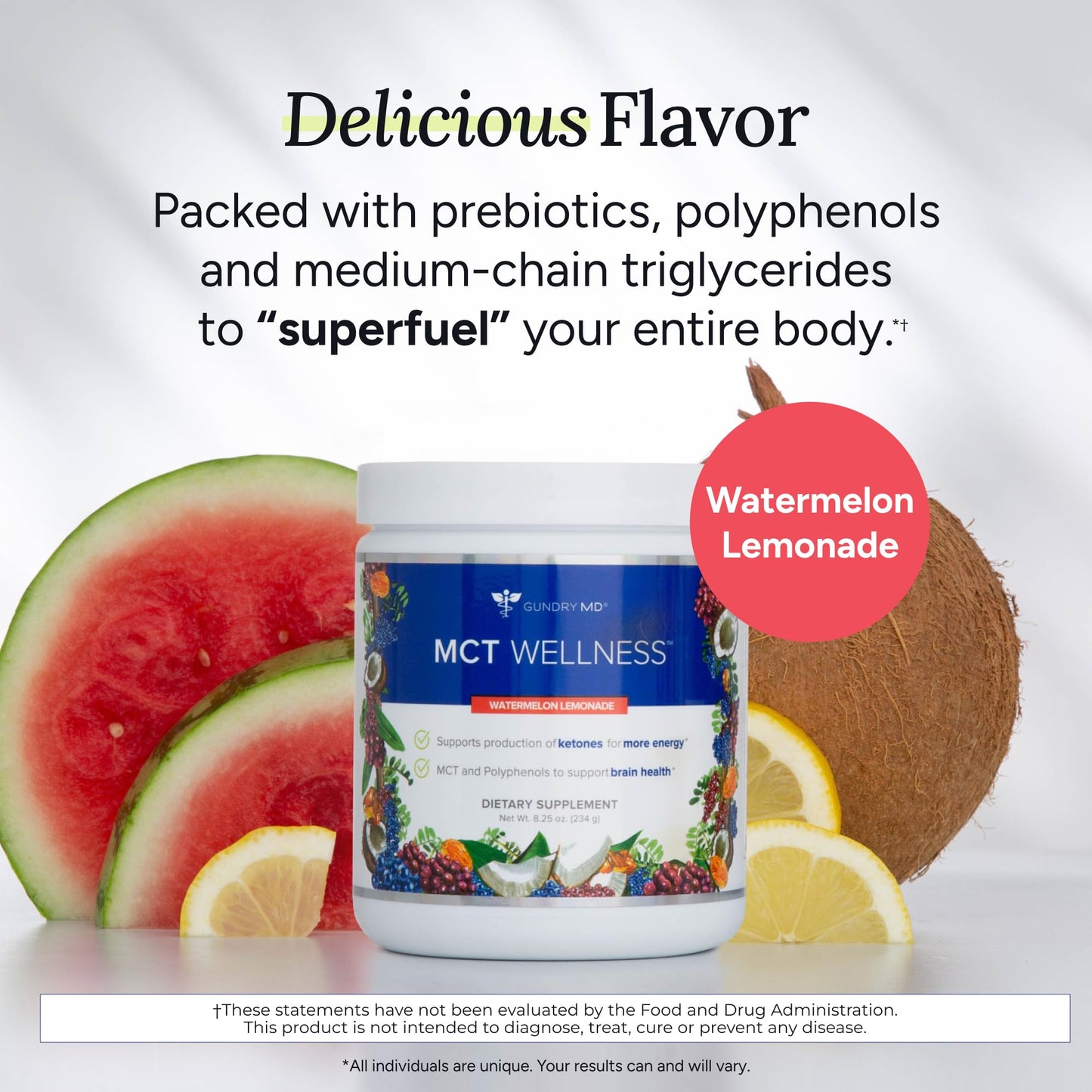 Gundry MD MCT Wellness Powder to Support Energy, Ketone Production and Brain Health, Keto Friendly, Sugar Free (30 Day Supply, Watermelon Lemonade) Gundry MD
