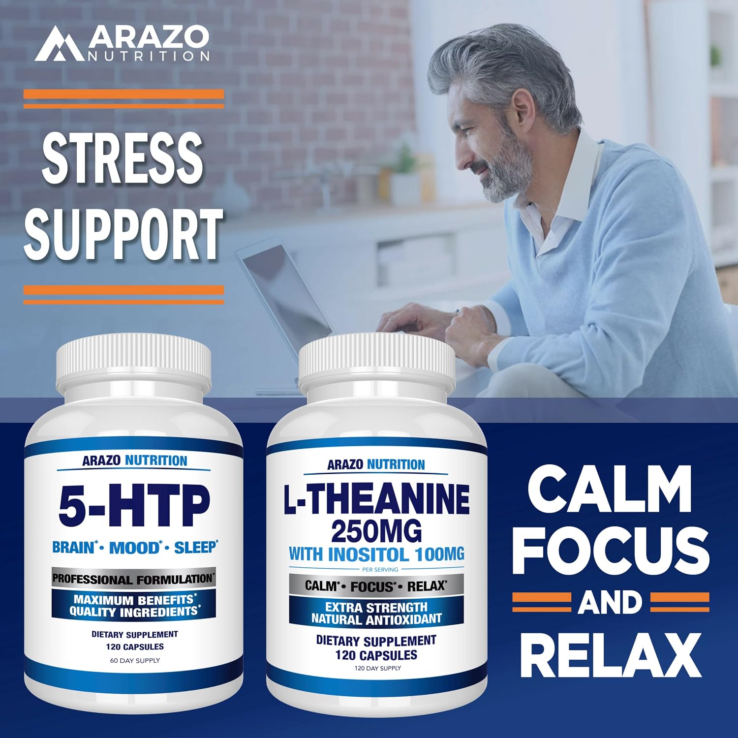 Arazo Nutrition L-Theanine 250mg (Extra Strength) with Inositol 100mg Per Serving, 120 Capsules Vegetarian Gsupps Australia