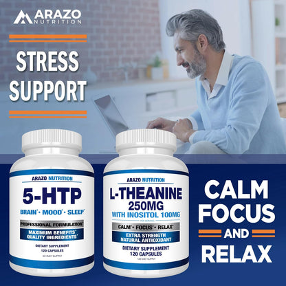 Arazo Nutrition L-Theanine 250mg (Extra Strength) with Inositol 100mg Per Serving, 120 Capsules Vegetarian Gsupps Australia