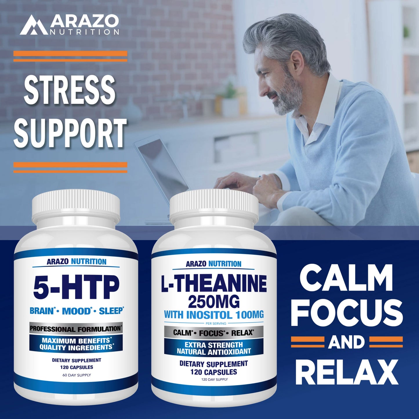 Arazo Nutrition L-Theanine 250mg (Extra Strength) with Inositol 100mg Per Serving, 120 Capsules Vegetarian Gsupps Australia