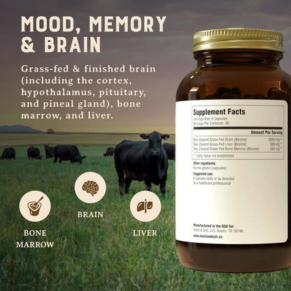 Heart & Soil – 100% Grass Fed & Finished Hair Skin and Nails Supplement from Regenerative Cattle with Cartilage, Liver, & Bone Marrow – 3000mg Beef Organs for Women & Men – Glass Bottle – 180 Capsules
