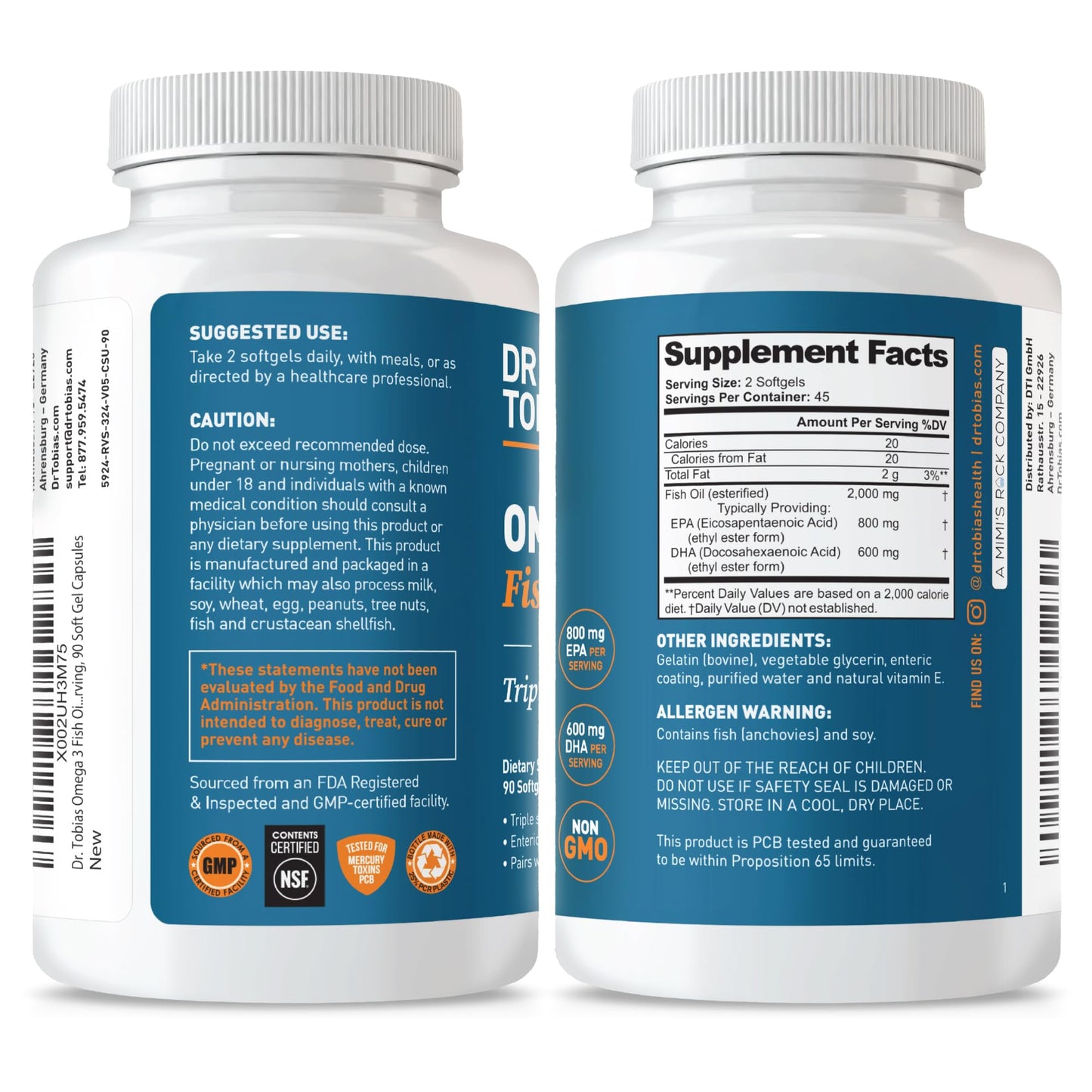 Dr. Tobias Omega 3 Fish Oil 2000mg Triple Strength with 800mg EPA 600mg DHA Per Serving | Fish Oil Omega 3 Supplements for Heart Brain & Immune Support - 180 Softgels (90 Servings)