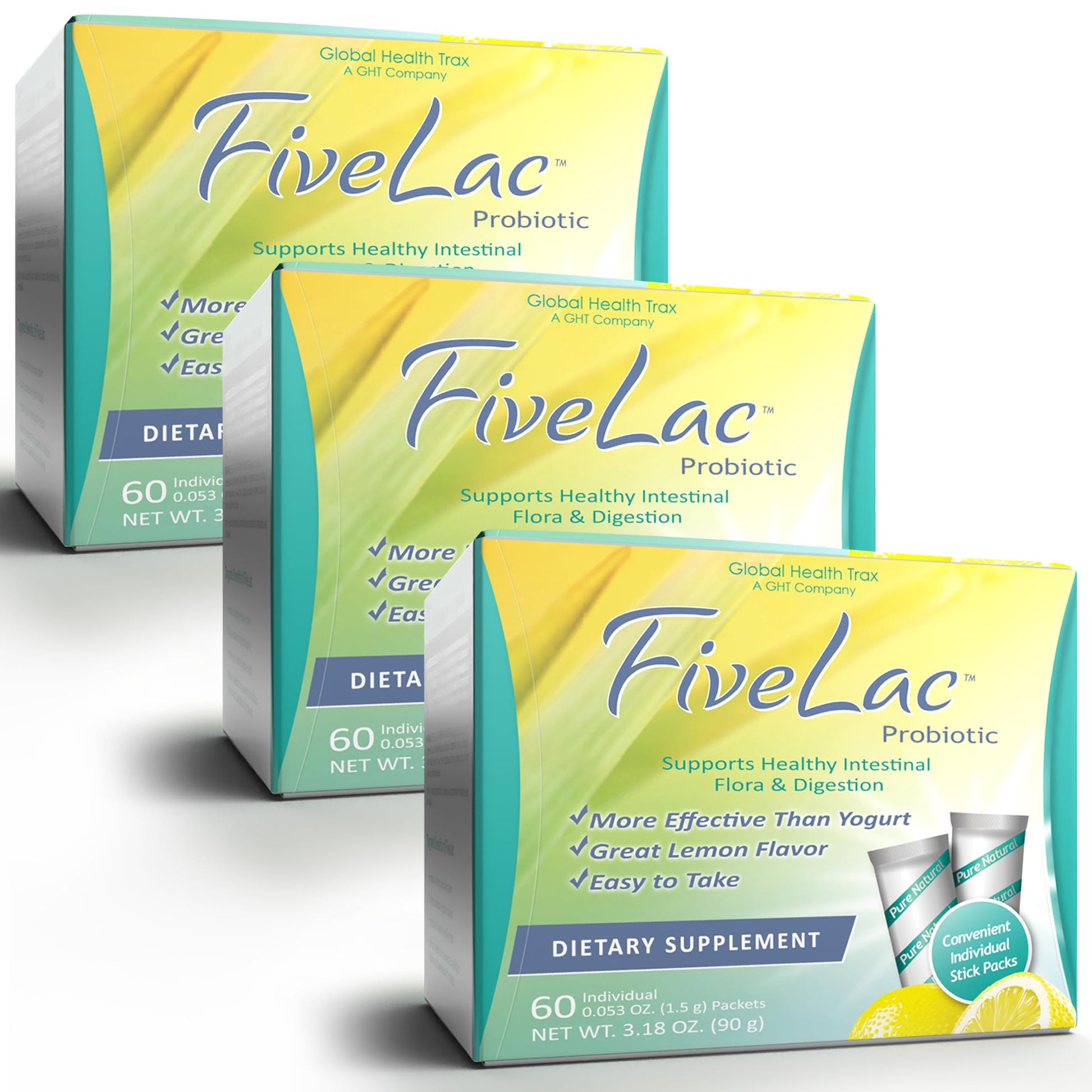 GHT - FiveLac Lemon Probiotic Powder Drink Mix, Probiotics for Women, Men, and Kids - Smooth Digestive Support and Elimination - Relieves Occasional Constipation and Gas - 60 Packets (3 Pack) Non-GMO ght Global Health Trax buy australia supplements