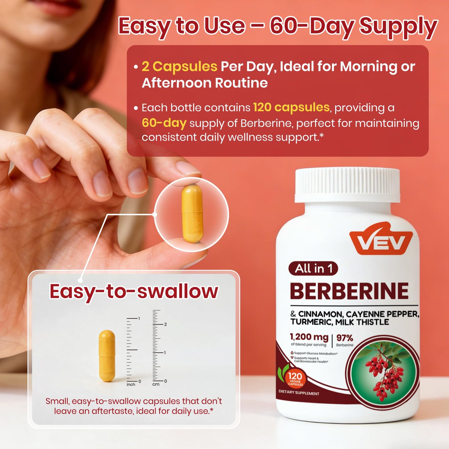 VEV Berberine Supplement with Ceylon Cinnamon, Cayenne Pepper, Turmeric, Milk Thistle, Vegan & Non-GMO – 120 Capsules VEV