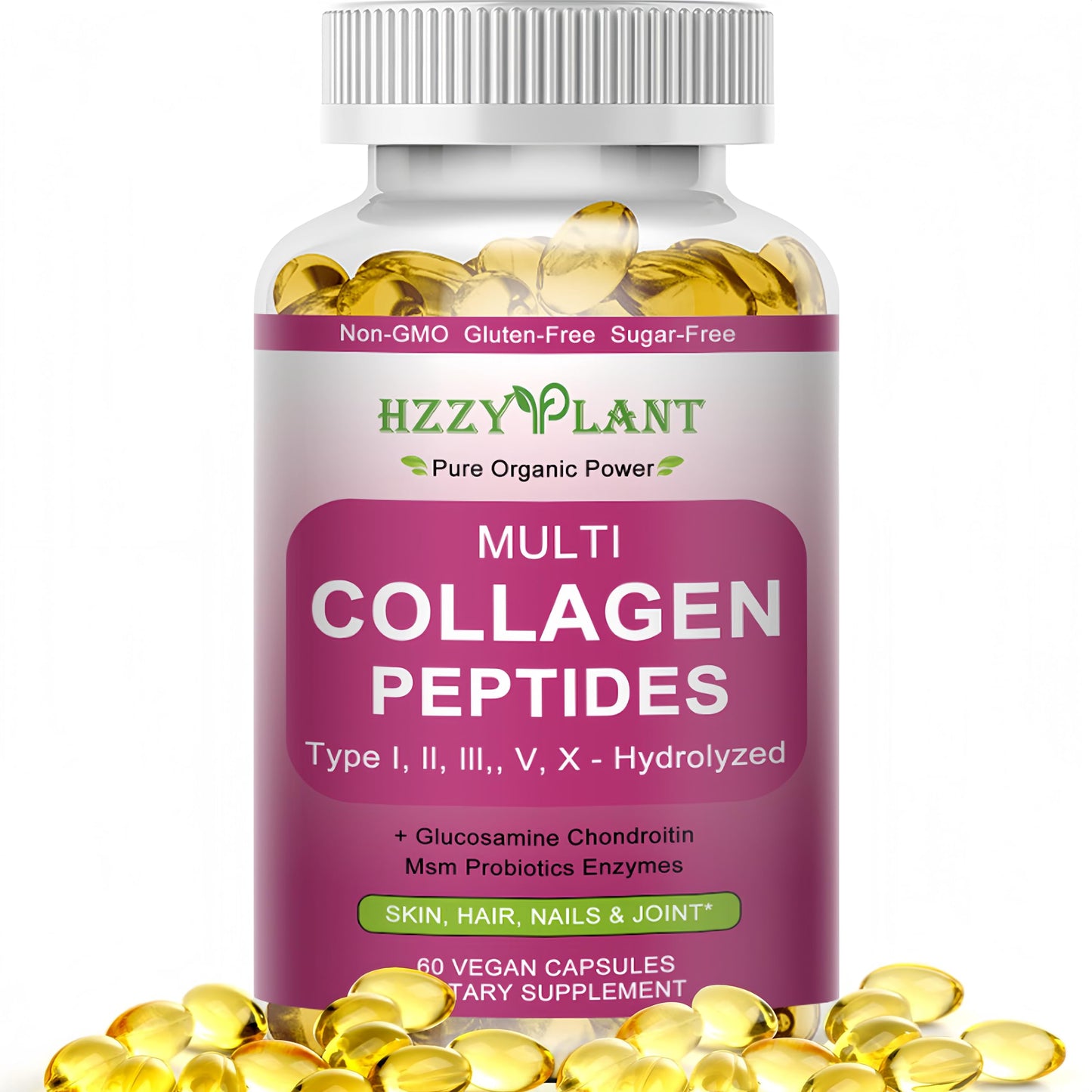 Multi Collagen Peptides Softgel - Type I, II, III, V, X - Hydrolyzed Collagen Peptides with Biotin Vitamin C Hyaluronic Acid for Women & Men, Supports Skin Hair Nail & Joint, Non-GMO, 60 Servings HZZYPLANT