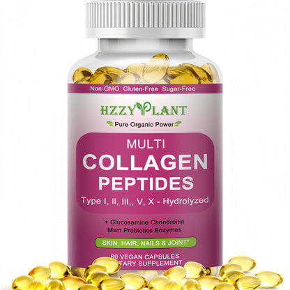 Multi Collagen Peptides Softgel - Type I, II, III, V, X - Hydrolyzed Collagen Peptides with Biotin Vitamin C Hyaluronic Acid for Women & Men, Supports Skin Hair Nail & Joint, Non-GMO, 60 Servings HZZYPLANT