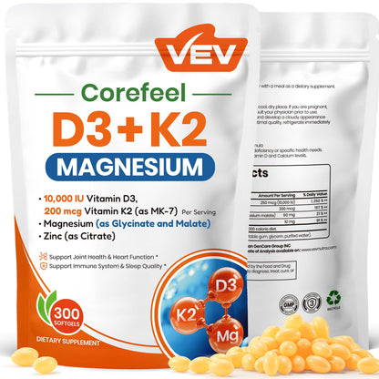 VEV Vitamin D3 K2 10,000 IU Magnesium Supplement – with Vitamin D and K (MK-7), Magnesium Glycinate & Malate, Zinc Citrate VEV