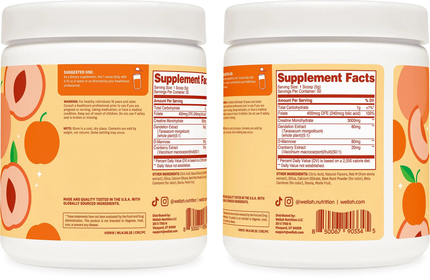 Wellah Creatine for Women - Creatine Monohydrate with Dandelion & Cranberry Extract (50 Servings, Clementine Peach) Wellah