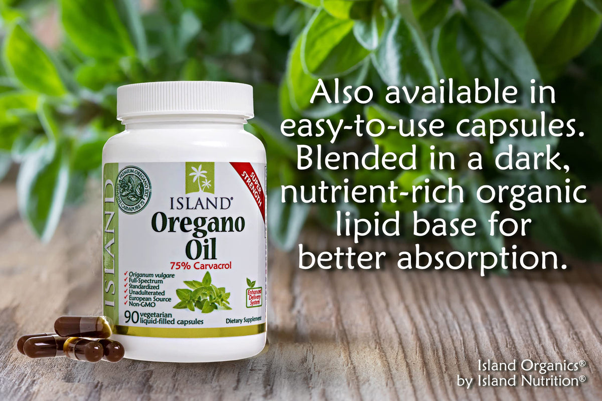 Island Nutrition, Oregano Oil Organic Liquid Drops - 100% Pure & Undiluted - USDA-Certified Organic (1 oz) 75% Carvacrol Island Nutrition