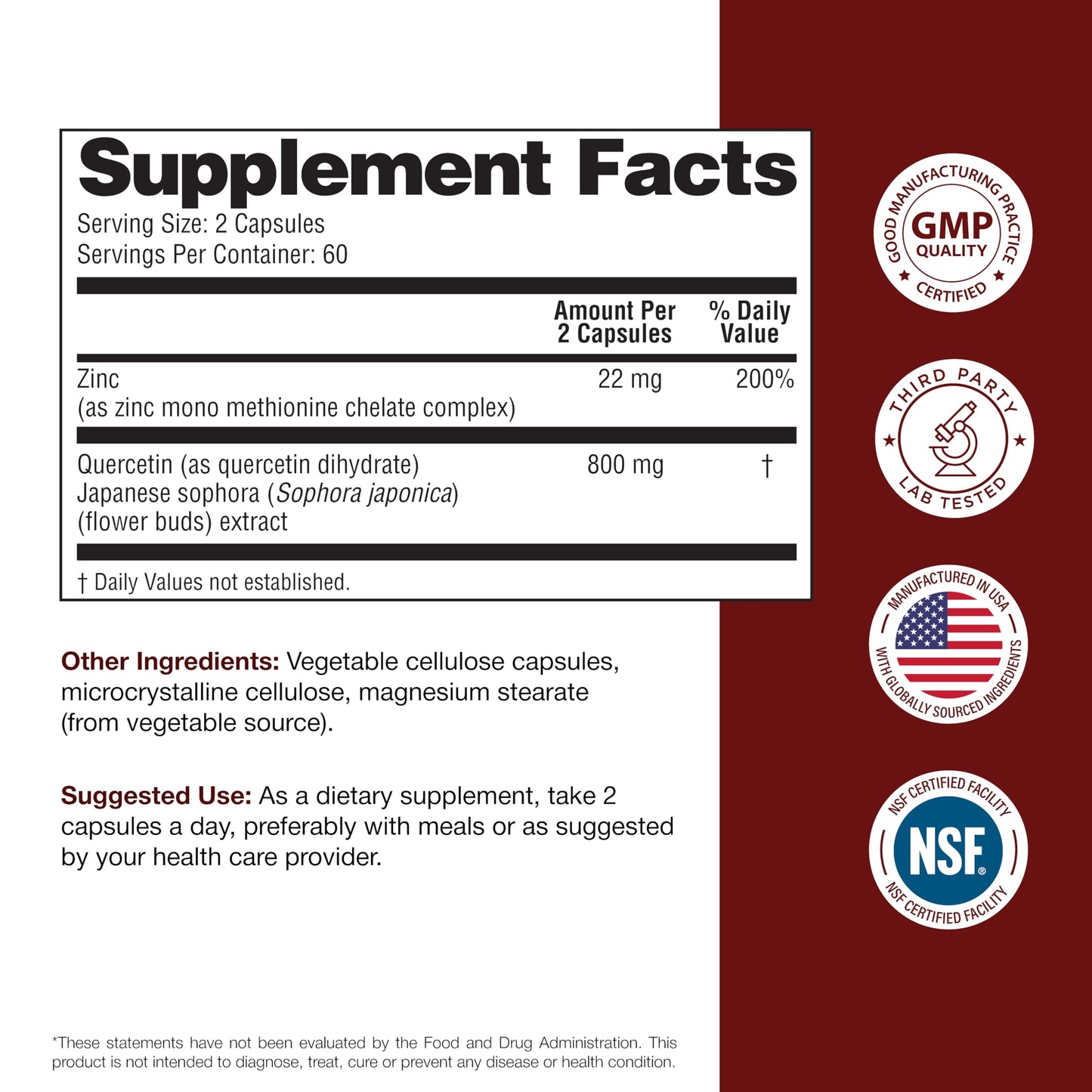 Sandhu's Zinc Quercetin 120 Vegetarian Capsules (Pack of 1) | High Absorption Zink Supplements for Immunity and Seasonal Allergy | Antioxidant Immune Support Sandhu's