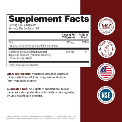 Sandhu's Zinc Quercetin 120 Vegetarian Capsules (Pack of 1) | High Absorption Zink Supplements for Immunity and Seasonal Allergy | Antioxidant Immune Support Sandhu's