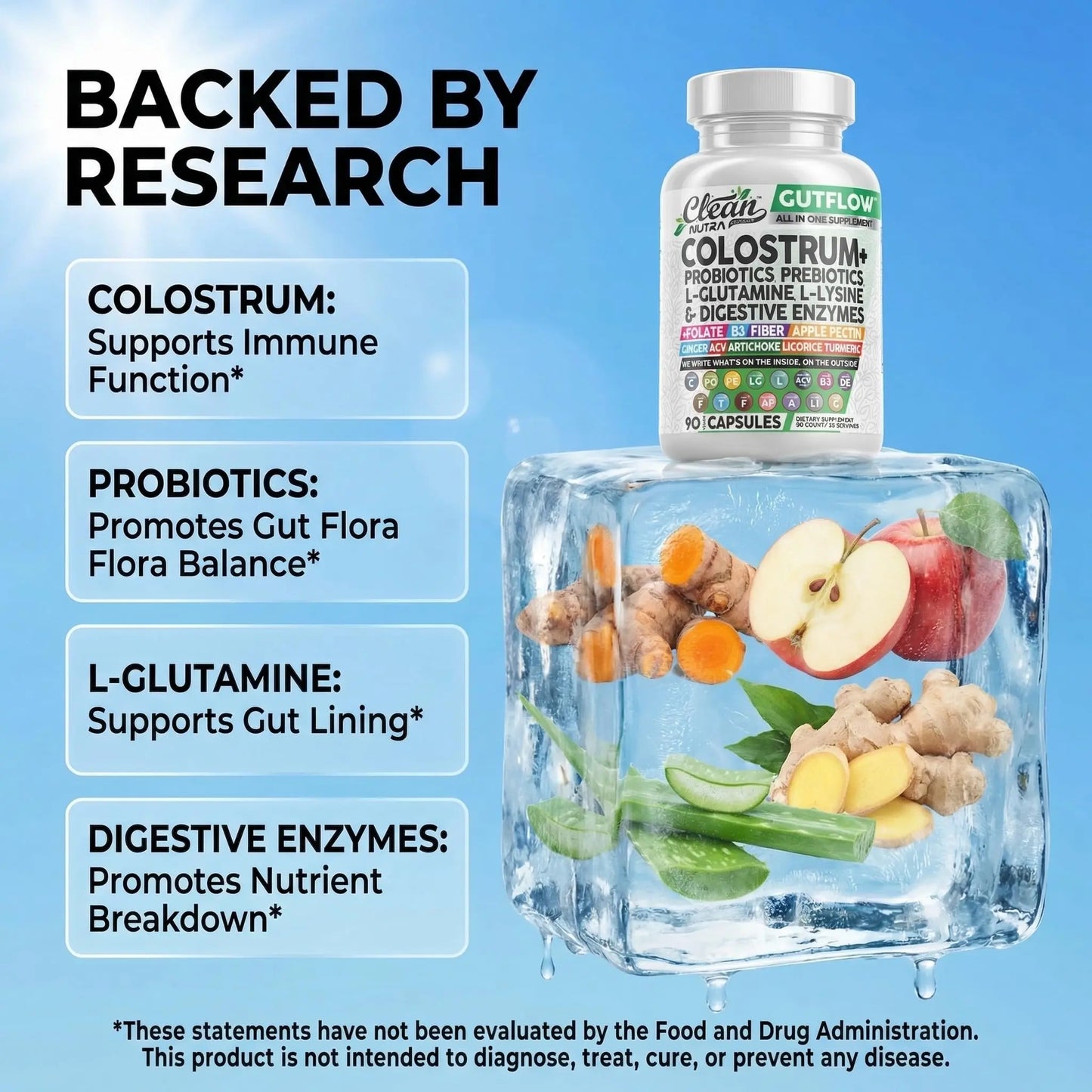 Clean Nutraceuticals Colostrum Supplement Capsules Probiotics Pills Prebiotics, L-Glutamine, Digestive Enzymes, Folate, Fiber, ACV, Turmeric, Apple Pectin and Turmeric Pills Clean Nutraceuticals