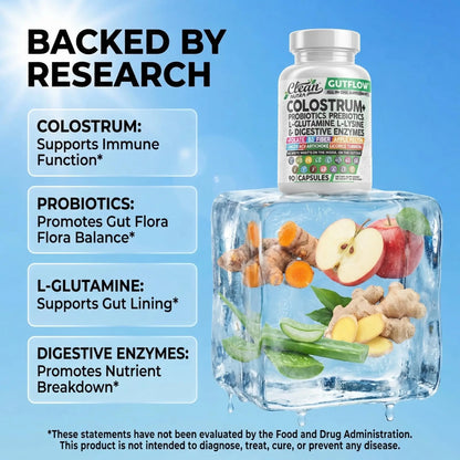 Clean Nutraceuticals Colostrum Supplement Capsules Probiotics Pills Prebiotics, L-Glutamine, Digestive Enzymes, Folate, Fiber, ACV, Turmeric, Apple Pectin and Turmeric Pills Clean Nutraceuticals