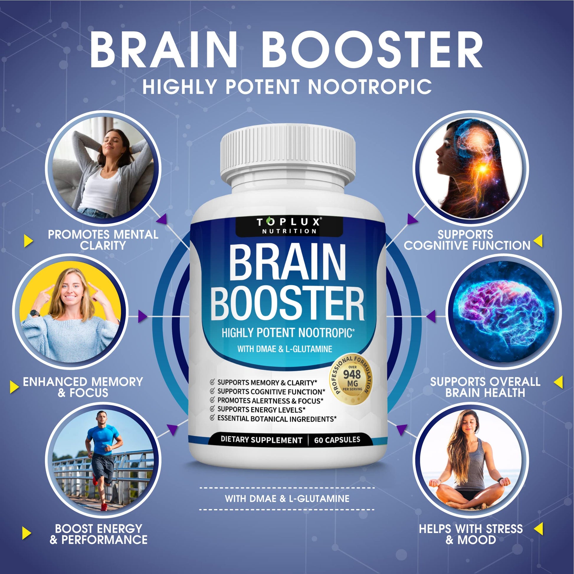 Toplux Brain Supplement Nootropic – Brain Pills Vitamin with DMAE, Bacopa Monnieri, L-Gutamine, for Men Women, 60 Capsules, Nutrition Toplux buy australia supplements