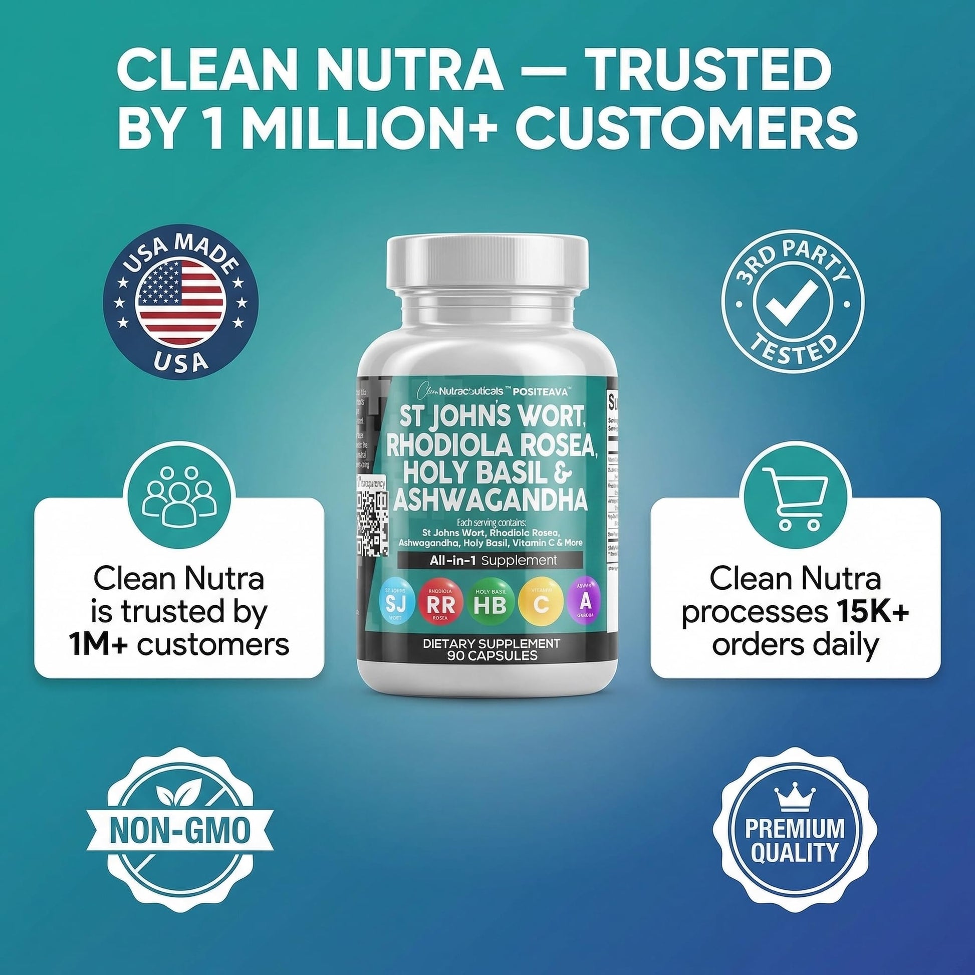 Clean Nutraceuticals St Johns Wort Rhodiola Rosea Holy Basil Ashwagandha - Mood Support for Women and Men with Vitamin C & Black Pepper Extract - 90 Caps Clean Nutraceuticals buy australia supplements