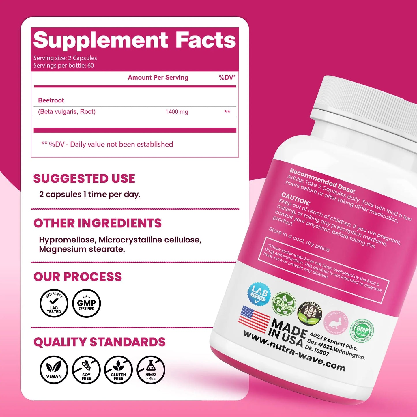 Nutra Wave 1400mg Organic Beet Root Capsules Per Serving – Nitric Oxide Booster for Men – Supports Blood Pressure, Energy, Circulation & Heart Health – Non-GMO, Vegan – 120 Capsules / 60 Day Supply Nutra Wave
