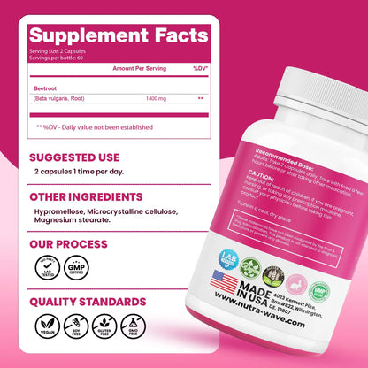 Nutra Wave 1400mg Organic Beet Root Capsules Per Serving – Nitric Oxide Booster for Men – Supports Blood Pressure, Energy, Circulation & Heart Health – Non-GMO, Vegan – 120 Capsules / 60 Day Supply Nutra Wave