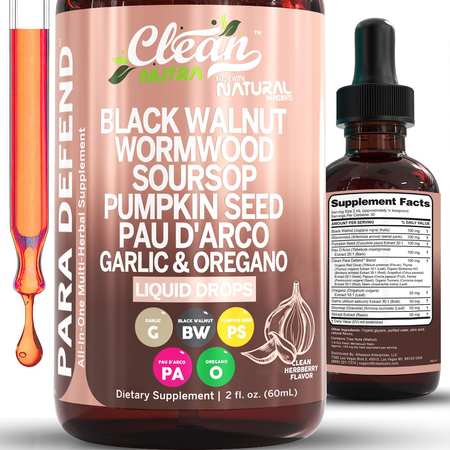 para Defend Wormwood Black Walnut Cleanse for Humans Drops Liquid Soursop Garlic Pumpkin Seed PAU D'Arco Oil of Oregano Turmeric Clean Nutraceuticals