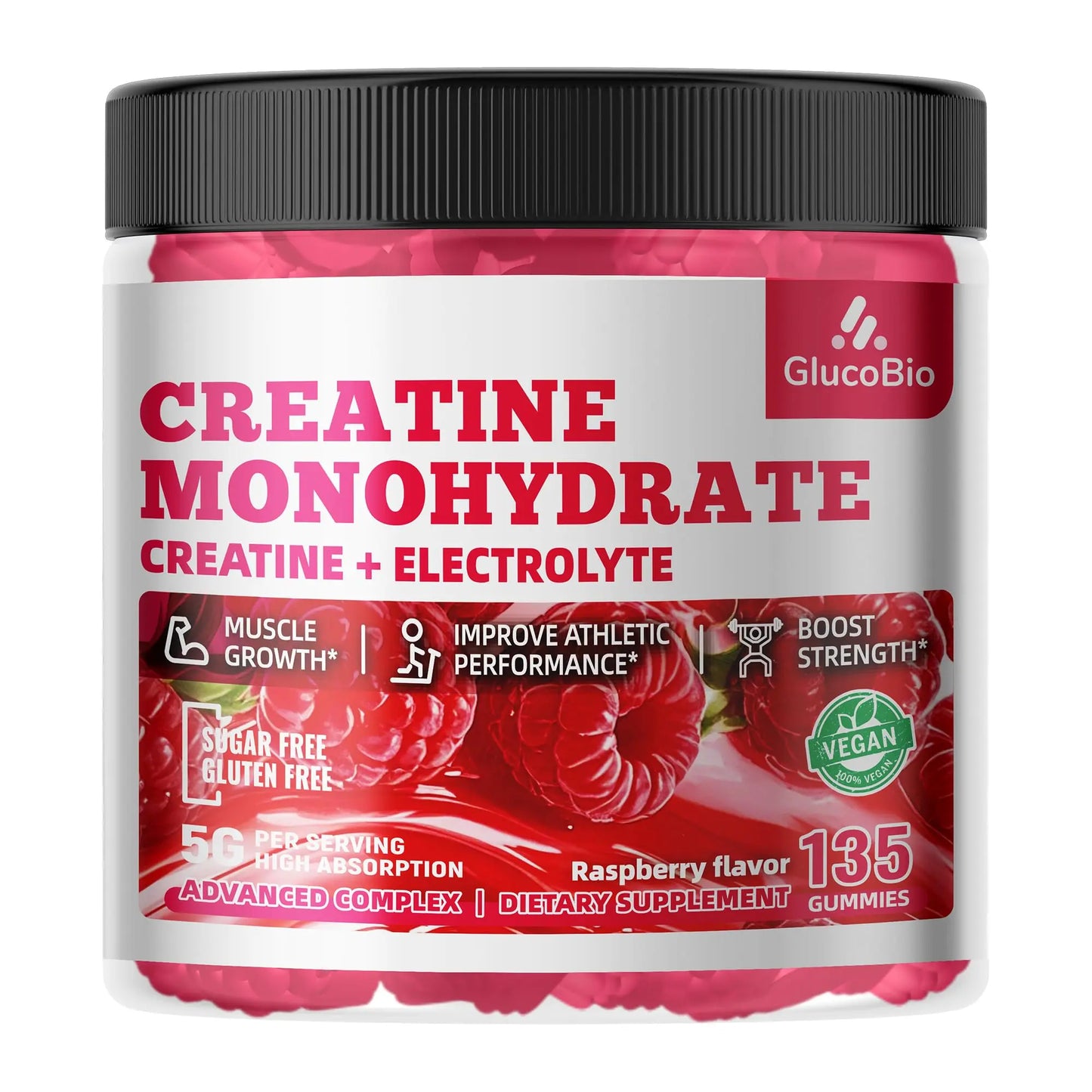 GlucoBio Creatine Monohydrate Gummies (5g) – Pre-Workout Energy & Muscle Growth Support for Men & Women GlucoBio