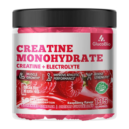 GlucoBio Creatine Monohydrate Gummies (5g) – Pre-Workout Energy & Muscle Growth Support for Men & Women GlucoBio