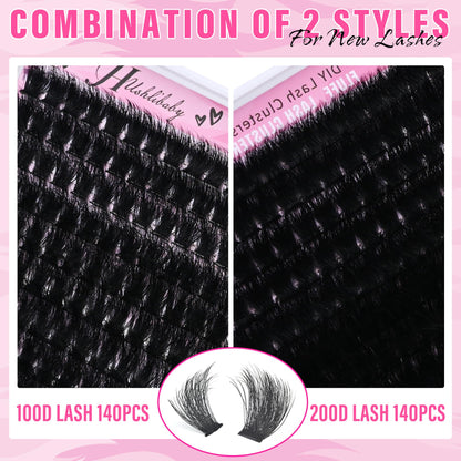 Lash Clusters 100D+200D Mega Thick Lashes Clusters 12-22mm Wispy Individual Thick Volume Lashes Cluster Eyelash Extensions 280Pcs DIY Lash Extension at Home, by Hushlibaby(Plant Fiber) Hushlibaby