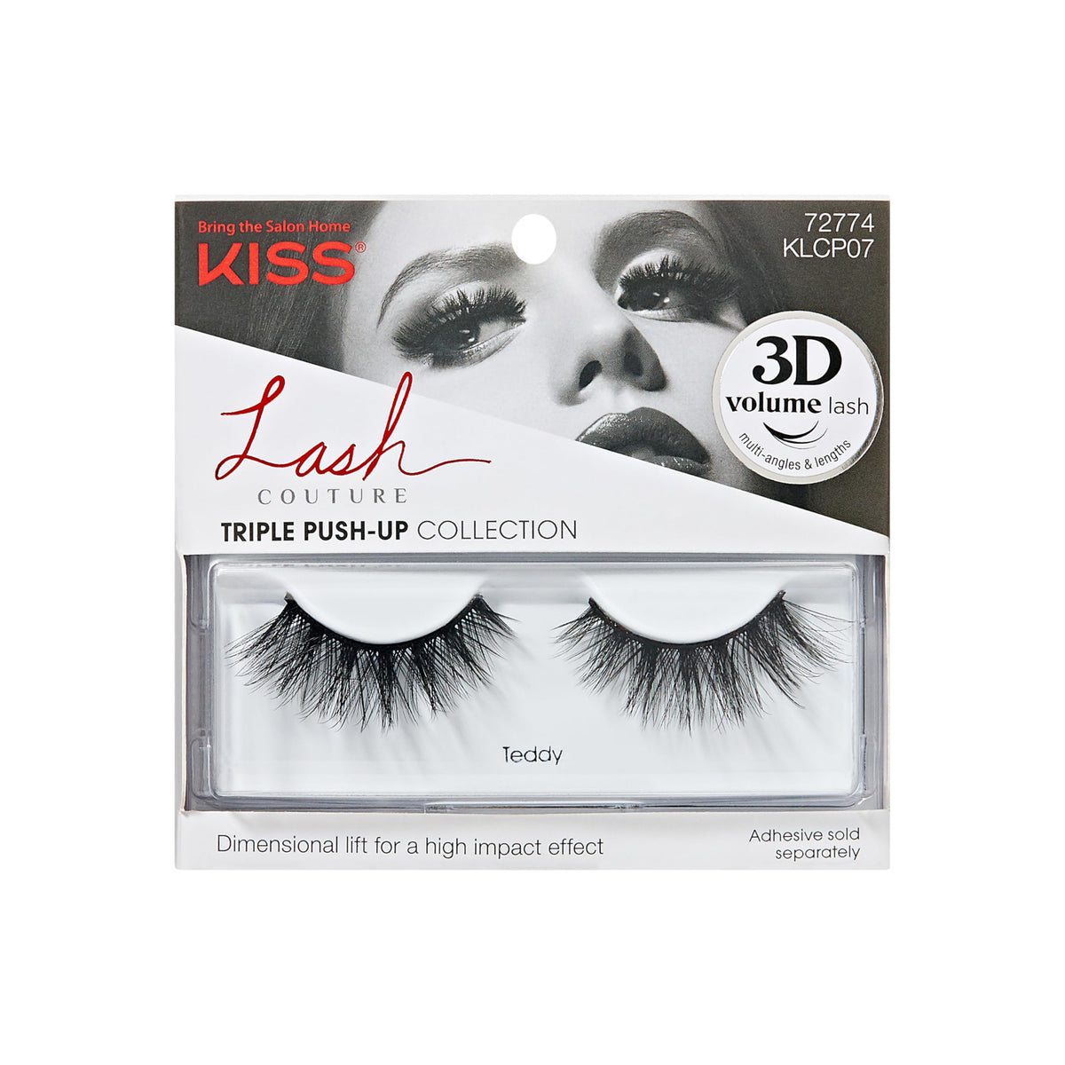 Kiss Lash Couture False Eyelashes, Triple Push-Up Teddy, 1 Pair, 12mm 3D Volume Strip Lashes, Fluffy, Dramatic Effect, Cushioned Flexi-Band, Eye-Lifting Curl & Multi Angles KISS