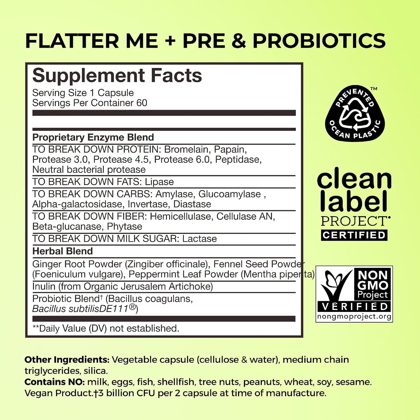 HUM Flatter Me Digestive Enzymes Plus Prebiotics & Probiotics, Digestive Health Bloating Supplement for Women & Men, Fast Acting Anti Bloat Pills Multi Enzyme for Debloating, Vegan, 60 Capsules