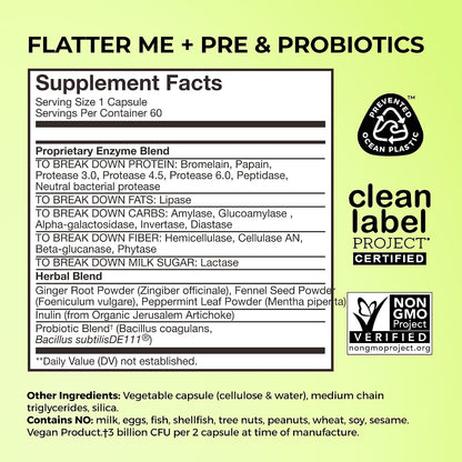 HUM Flatter Me Digestive Enzymes Plus Prebiotics & Probiotics, Digestive Health Bloating Supplement for Women & Men, Fast Acting Anti Bloat Pills Multi Enzyme for Debloating, Vegan, 60 Capsules