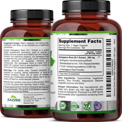 Zazzee Extra Strength Astragalus Root 20:1 Extract, 70% Polysaccharides | 180 Vegan Capsules, 6 Month Supply, Astragalus Membranaceus, Immune System Support, Non-GMO, Herbal Supplement, Made in USA Gsupps Australia