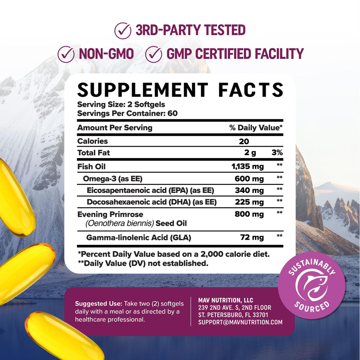 Fish Oil Omega 3 Supplements for Women | DHA + EPA | Heart Health, Hormone Balance, Skin & Wellness Support | 600MG Omega3 + 800MG Evening Primrose Oil MAV NUTRITION