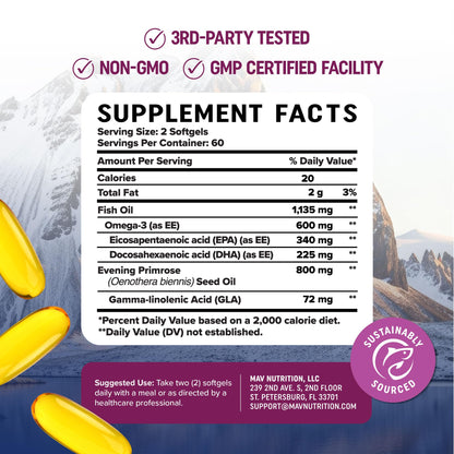 Fish Oil Omega 3 Supplements for Women | DHA + EPA | Heart Health, Hormone Balance, Skin & Wellness Support | 600MG Omega3 + 800MG Evening Primrose Oil MAV NUTRITION